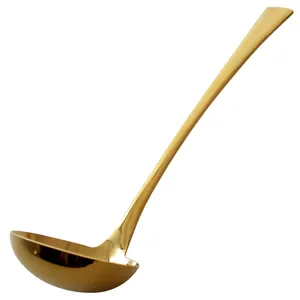 Elegant golden stainless steel soup ladle with long handle and deep bowl for home kitchen