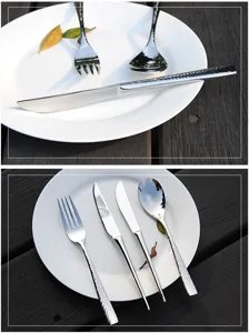 Detail showing the unique hammer pattern on 304 stainless steel cutlery in natural light