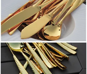 Macro detail showing the unique hammered texture on luxury gold stainless steel cutlery