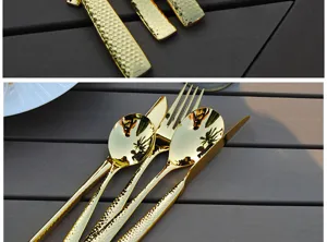 Macro detail of hammered gold stainless steel cutlery set on a rustic wooden table