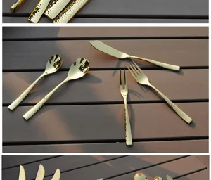 Detailed view of elegant gold-plated stainless steel cutlery with hammered texture handles