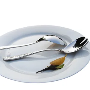 Hammered 304 stainless steel cutlery set with elegant spoon and salad fork on plate