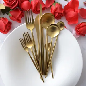 Modern Matte Gold 304 Stainless Steel Flatware Set Minimalist Round Handle Dinner Knife Fork Spoon For Home Tableware