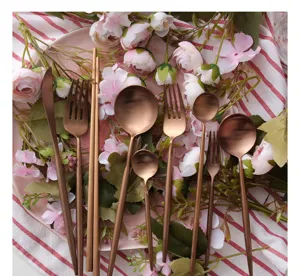 Detailed view of elegant matte rose gold stainless steel cutlery set with round handles