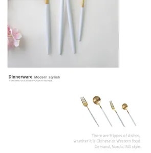 Detail view of modern white and gold stainless steel cutlery set with Nordic style text.