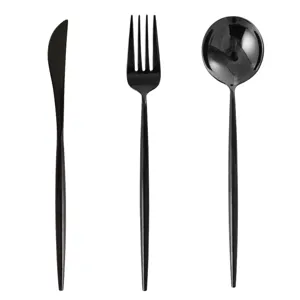 Elegante juego de cubiertos de acero inoxidable negro con acabado espejo, cuchillo, tenedor, cuchara