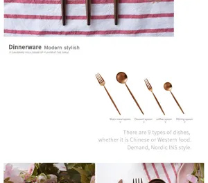 Detailed view of matte rose gold cutlery set including spoons and forks for dining.