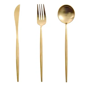Matte gold stainless steel cutlery set with slender round handles knife fork spoon