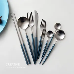 Blue Silver 304 Stainless Steel Cutlery Set Portuguese Style Mirror Polished Dinner Knife Fork Spoon Chopsticks Flatware