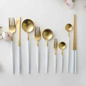 Portuguese Style 304 Stainless Steel Cutlery Set White Gold Matte Round Handle Dinner Knife Fork Spoon Chopsticks Wedding Tableware