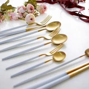 Elegant white and gold Portuguese style stainless steel cutlery set for modern dining decor