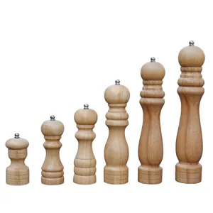 Manual wooden pepper and salt grinder set in six different sizes with natural wood grain finish