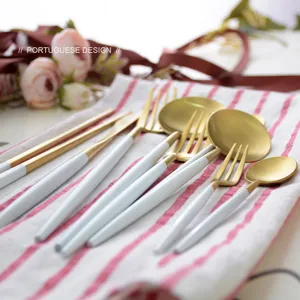 Portuguese style 304 stainless steel cutlery set in elegant white and gold