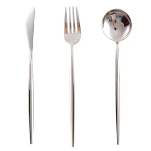 Premium modern mirror silver 304 stainless steel cutlery set including knife, fork and spoon.