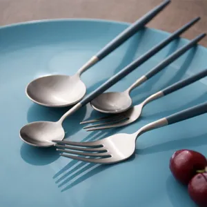 Modern blue and silver 304 stainless steel cutlery set with forks and spoons on a plate