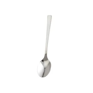 Minimalist stainless steel dessert spoon with polished finish for dining and hotels.