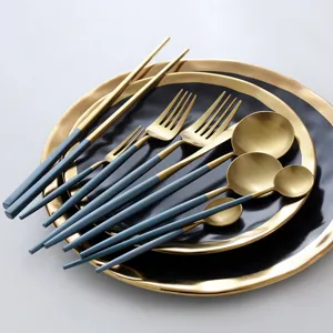 Elegant matte blue and gold 304 stainless steel cutlery set with modern round handles