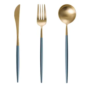 Modern 3-piece matte blue and gold stainless steel cutlery set with round handles