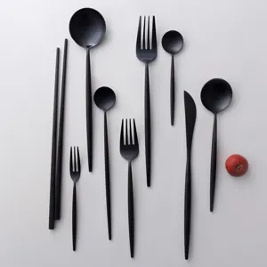 Matte Black 304 Stainless Steel Flatware Set Portugal Style Round Handle Western Dinner Knife Fork Spoon Reusable Cutlery For Restaurant Home