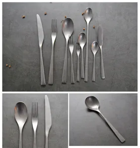Detailaufnahme von japanischem Besteckset aus gebürstetem Edelstahl auf dunklem Grund