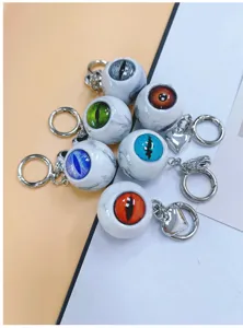 Detailed view of Gothic eyeball keychains featuring various vibrant colors and marble textures