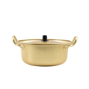 Traditional Korean golden aluminum ramen pot with lid and double handles, main image