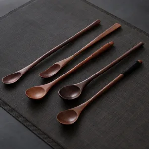 Japanese Style Retro Long Handle Phoebe Wood Stirring Spoon For Honey Milk Tea Coffee Seasoning Mixing Spoon Wooden Utensil