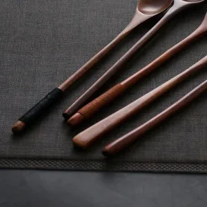 Japanese retro style long handle nanmu wooden spoons with decorative thread wrapped handles