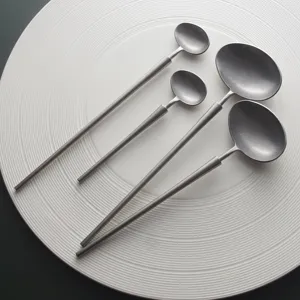 Cucharas de acero inoxidable de estilo japonés vintage con mango largo en plato