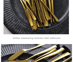 Close-up detail of golden 304 stainless steel tableware with elegant hammered texture