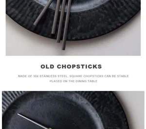 Close-up view of vintage 304 stainless steel square chopsticks on a textured dark plate