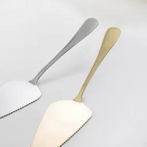 Nordic style stainless steel cake server set with serrated edge in gold and silver finish.