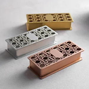 Vintage palace style hollow metal toothpick box set in gold silver and bronze finishes.
