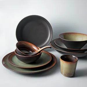 Vintage Japanese reactive glaze ceramic dinnerware set with handcrafted bowls and plates