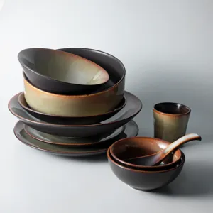 Retro Japanese ceramic tableware set with kiln transformation glaze and earthy tones.