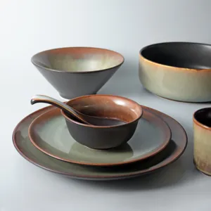 Retro Japanese ceramic dinnerware set featuring kiln-change glaze bowls and plates