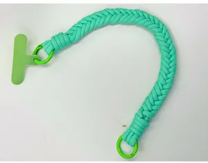 Stylish mint green twist braided phone wrist strap with secure green metal rings and tab.