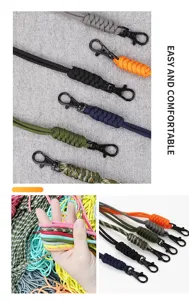 Detail of multi-color woven paracord phone lanyards with durable black alloy hooks