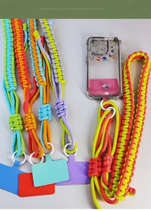 Detailed view of colorful handmade woven adjustable phone lanyards for crossbody use