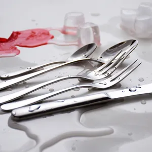 HOHER minimalist stainless steel cutlery set with spoon fork and knife on wet surface
