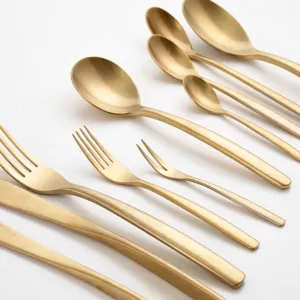 Elegant gold matte stainless steel cutlery set for steak and coffee dining