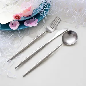 Modern matte silver 304 stainless steel cutlery set featuring knife fork and spoon