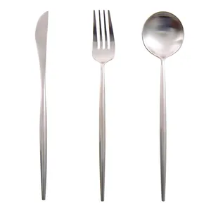Minimalist 304 stainless steel matte silver cutlery set with slim round handles