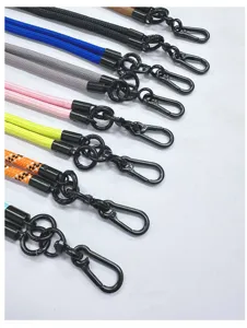 Detail of durable braided phone lanyards in multiple colors with black metal clips