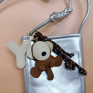 Handmade brown PU leather monkey keychain charm with cream letter Y pendant for bags
