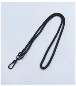 Detail view of durable black braided long mobile phone lanyard with metal snap hook clip