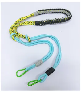 Handmade multi-color woven paracord strap with dual green carabiners for phone or camera