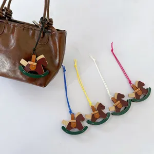 Handmade Leather Rocking Horse Bag Charm Wooden Decorative Horse Pendant Keychain Accessory Ornament For Women
