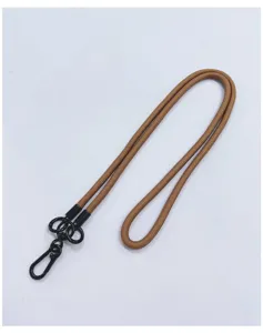 Detail view of a durable brown thick rope crossbody phone lanyard with black metal hook