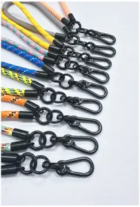 Detail view of colorful thick braided phone lanyards with black metal clasps